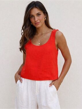 Kourt Coral Linen Blend Crop Top Small Structured Tank  Coastal Chic Minimalist